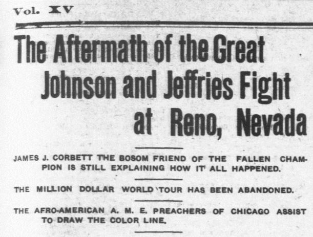 Detail of the article "The Aftermath of the Great Johnson and Jeffries Fight at Reno, Nevada". Broadax (Salt Lake City UT), July 16, 1910 - Click on the image to read the entire article. - Library of Congress, Chronicling America: Historic American Newspapers