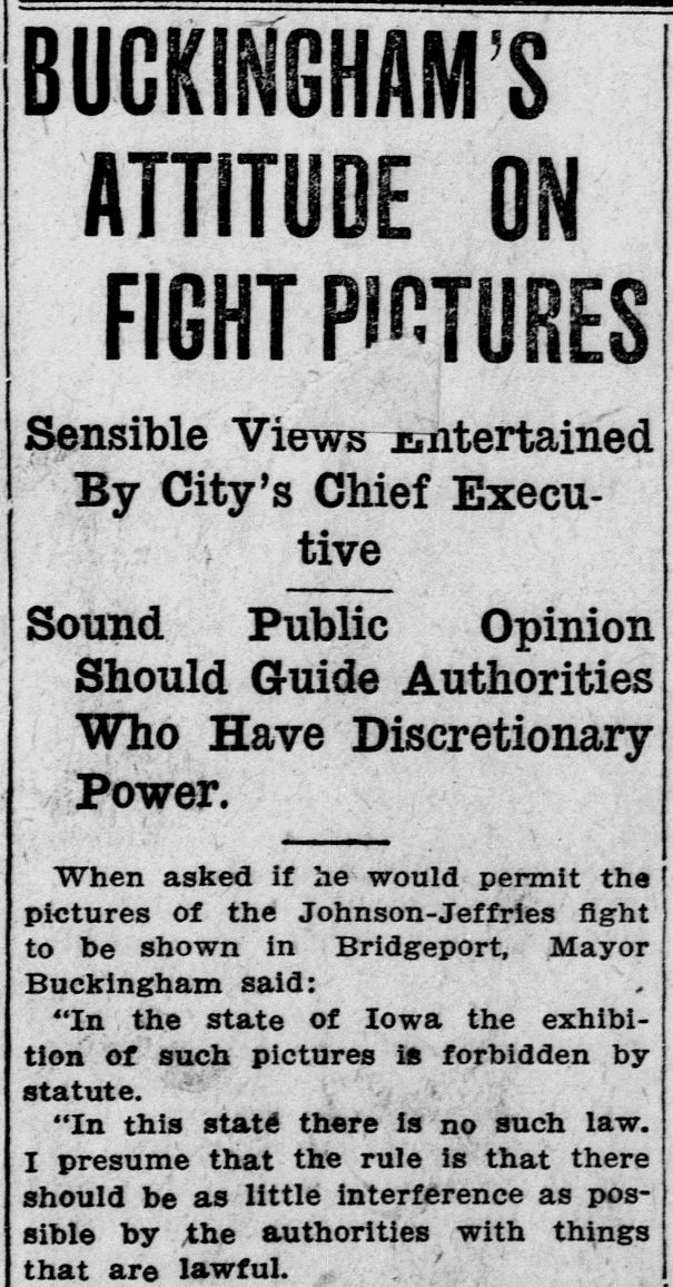 Detail of the article "Buckingham's Attitude On Fight Pictures," Bridgeport Evening Farmer, July 6, 1910. Click on the image to read the entire article. - Library of Congress, Chronicling America: Historic American Newspapers