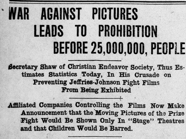 Detail from the article "War Against Pictures Leads To Prohibition Before 25,000,000, People ," Bridgeport Evening Farmer, July 11, 1910. Click on the image to read the entire article – Library of Congress, Chronicling America: Historic American Newspapers