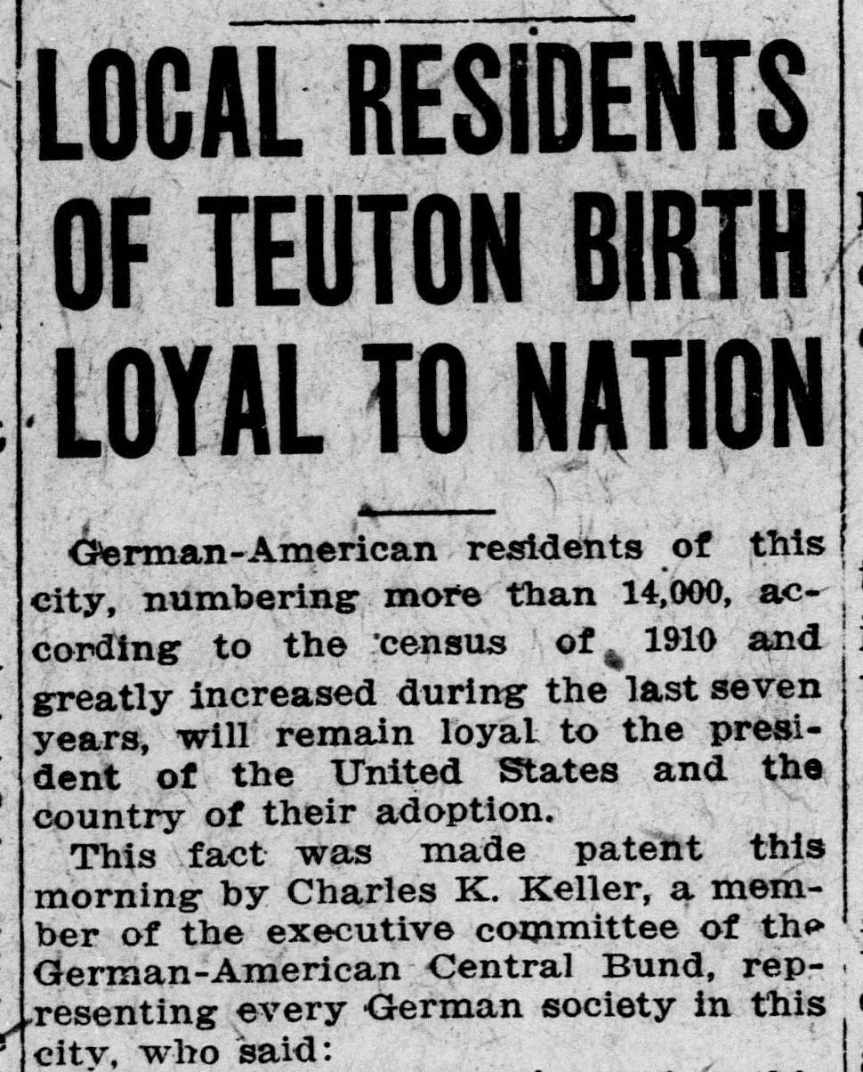 Detail of the article “Local Residents of Teuton Birth Loyal to Nation,” Bridgeport Evening Farmer, February 5, 1917. Click on the image to read the entire article. - Library of Congress, Chronicling America: Historic American Newspapers