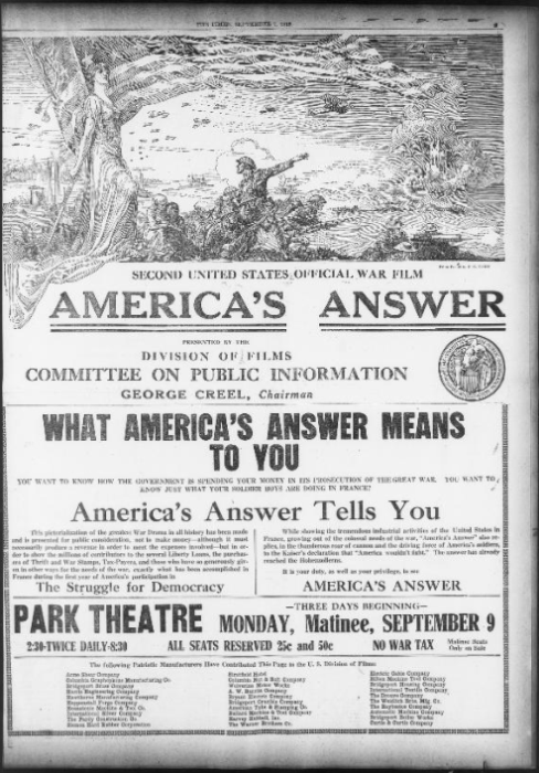 Second United States Official War Film, "America's Answer", Presented by the Division of Films Committee on Public Information, George Creel, Chairman from The Bridgeport Times and Evening Farmer, September, 7, 1918 - Library of Congress, Chronicling America: Historic American Newspapers