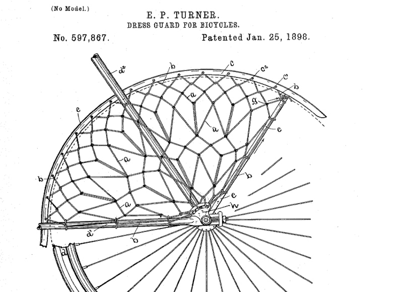 Patent # US000597867, Dress-guard for bicycles, Emerson P. Turner, Norwich, CT, Application date: February 18, 1897: