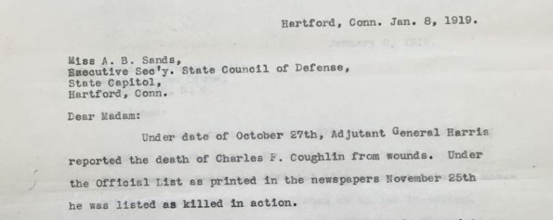 Letter from Edward E. Coughlin to Miss A.B. Sands, Executive Secretary, Connecticut State Council of Defense, January 8, 1919