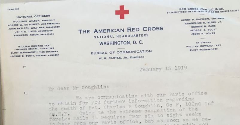 letter from W.R. Castle, Director, Bureau of Communications, American Red Cross to Edward E. Coughlin, January 15, 1919