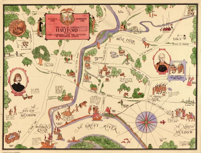 The Map of Pioneer Hartford: Founded 1636, Incorporated 1784, Showing Early Landmarks and the Locations of Historical Events, ca. 1927 by James and Ruth Goldie - Library of Congress, Geography and Map Division