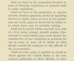 Suggestions and Requirements for Enemy Aliens Contained in the President's Proclamation of War, April, 1917