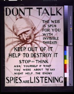 Governement War poster warning civilans about spies